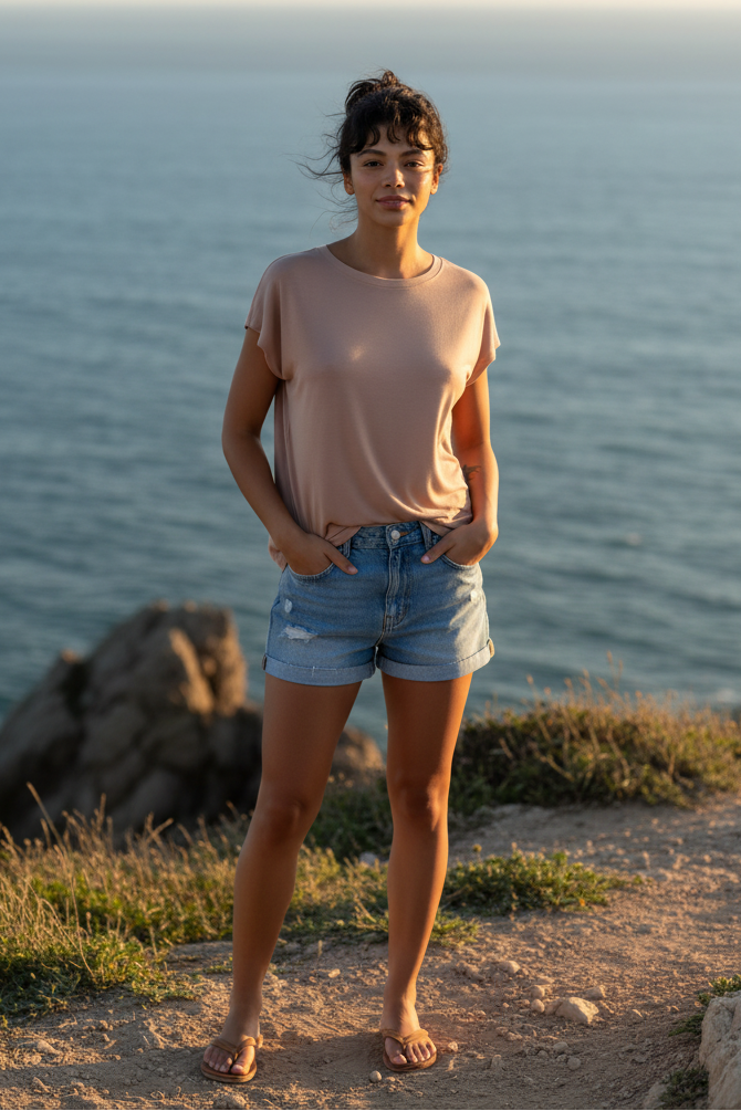 Blush pink oversized tee with denim shorts and coastal cliff background