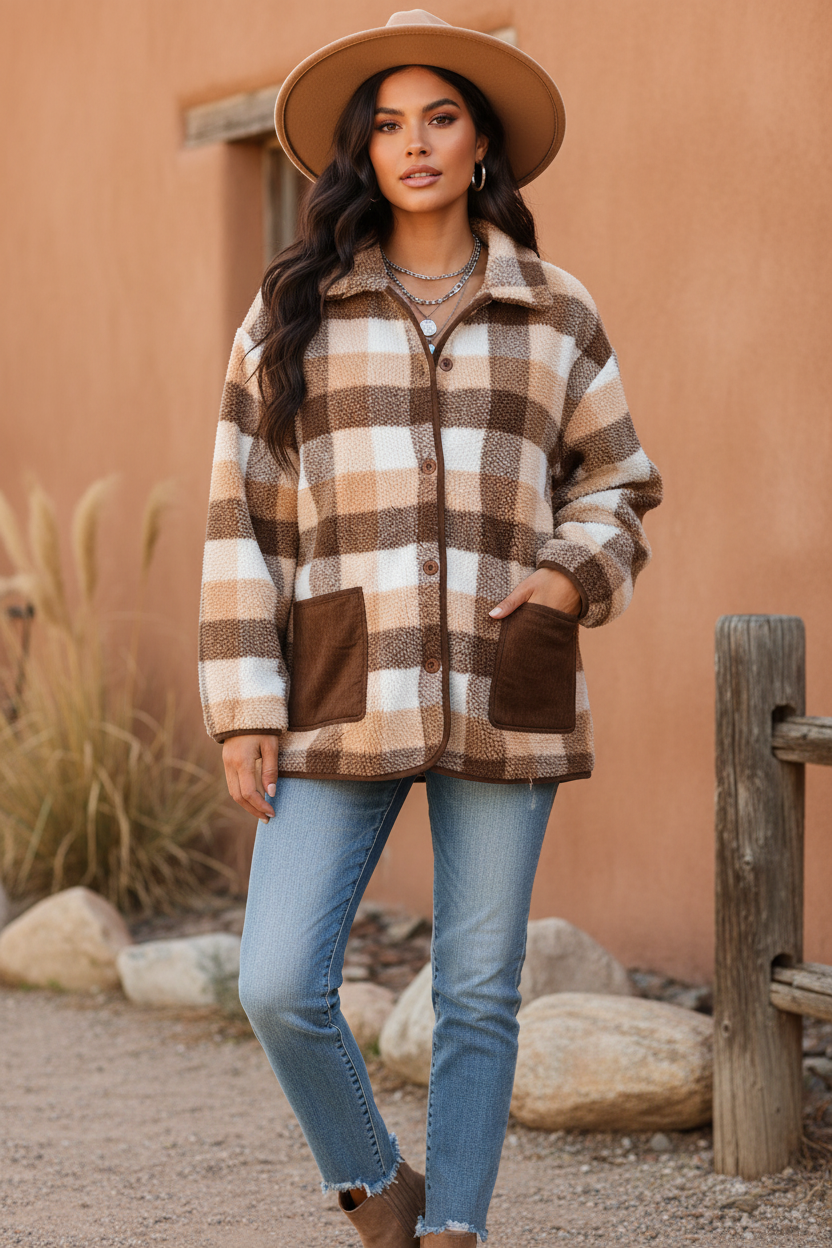 Brown and cream plaid shacket on model with styled background