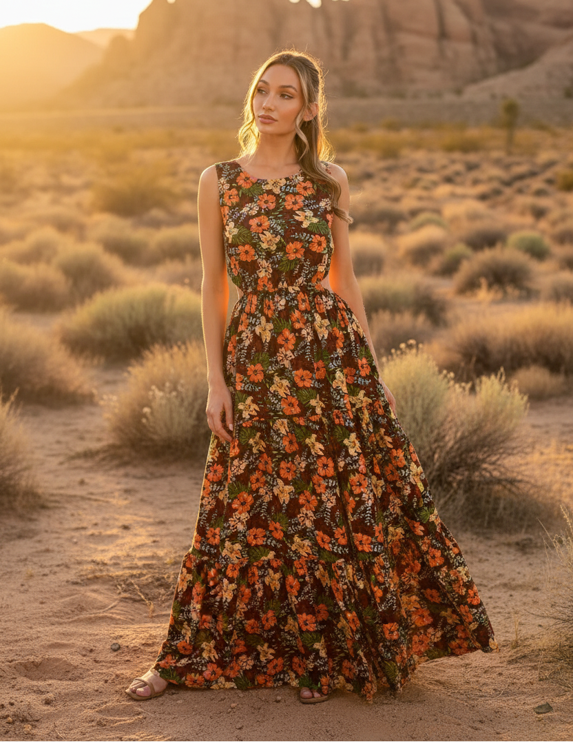 Brown floral print maxi dress with desert landscape