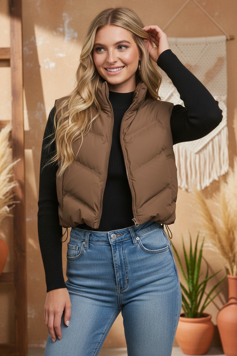 Brown puffer vest on model with styled background