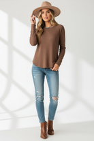 Brown thermal top on model - shorter fit