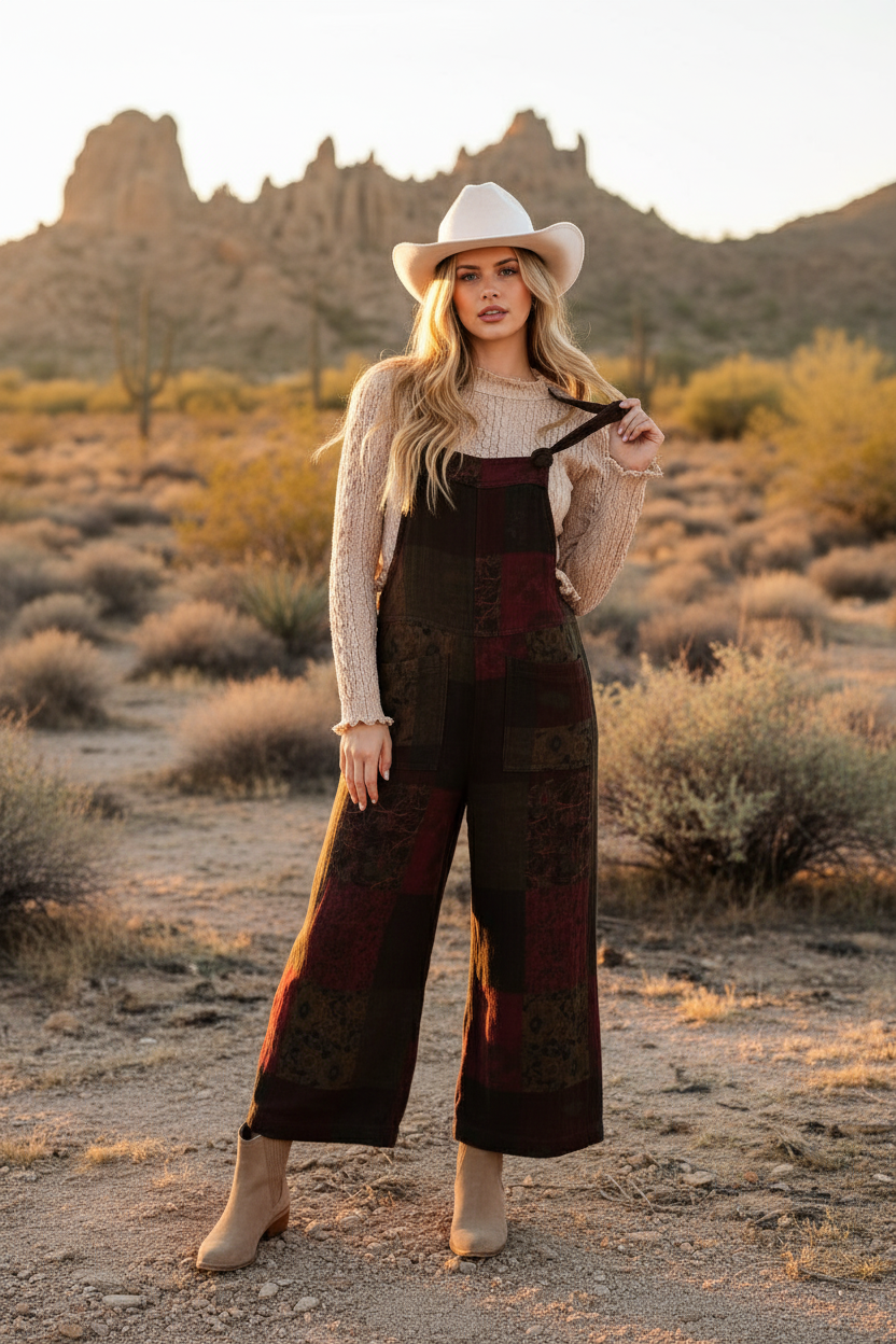 Burgundy and green tie-dye jumpsuit on model with outdoor background