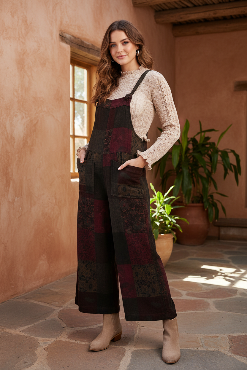 Burgundy and green tie-dye jumpsuit on model with styled background