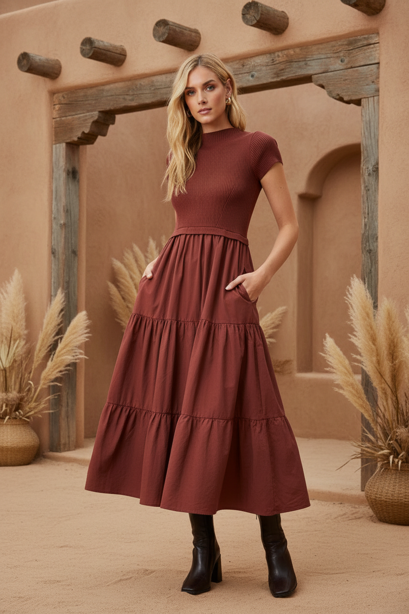 Burgundy tiered midi dress on model with styled background