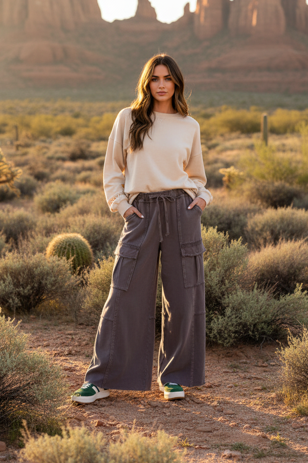 Charcoal cargo pants with desert landscape