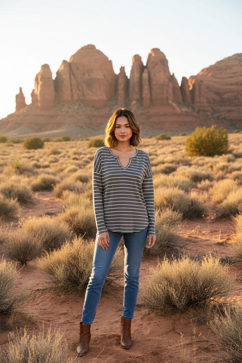 Charcoal gray and white striped fitted long sleeve top with desert landscape