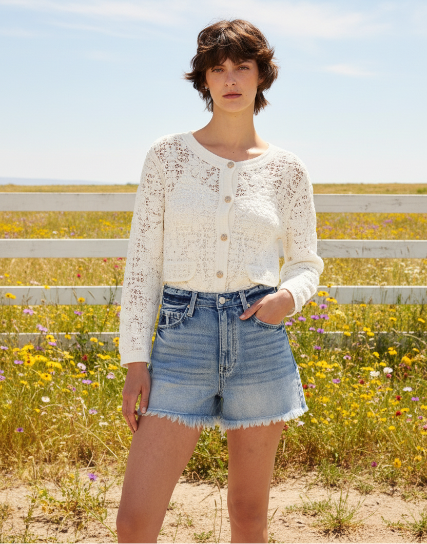 Cream crochet button-front cardigan with denim shorts in bright boho western setting