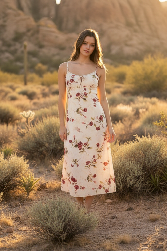 Cream floral midi dress with desert landscape
