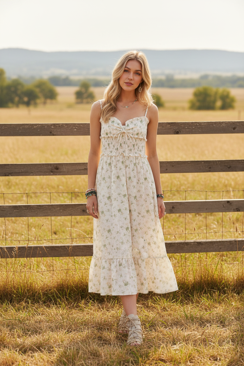 Cream floral midi dress with tie front detail and western boho ranch background - alternate version