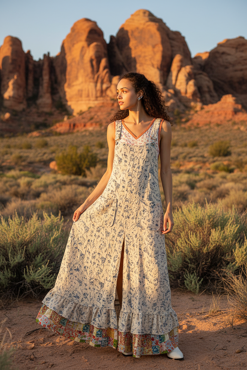 Cream floral print tiered maxi dress with colorful trim and desert landscape