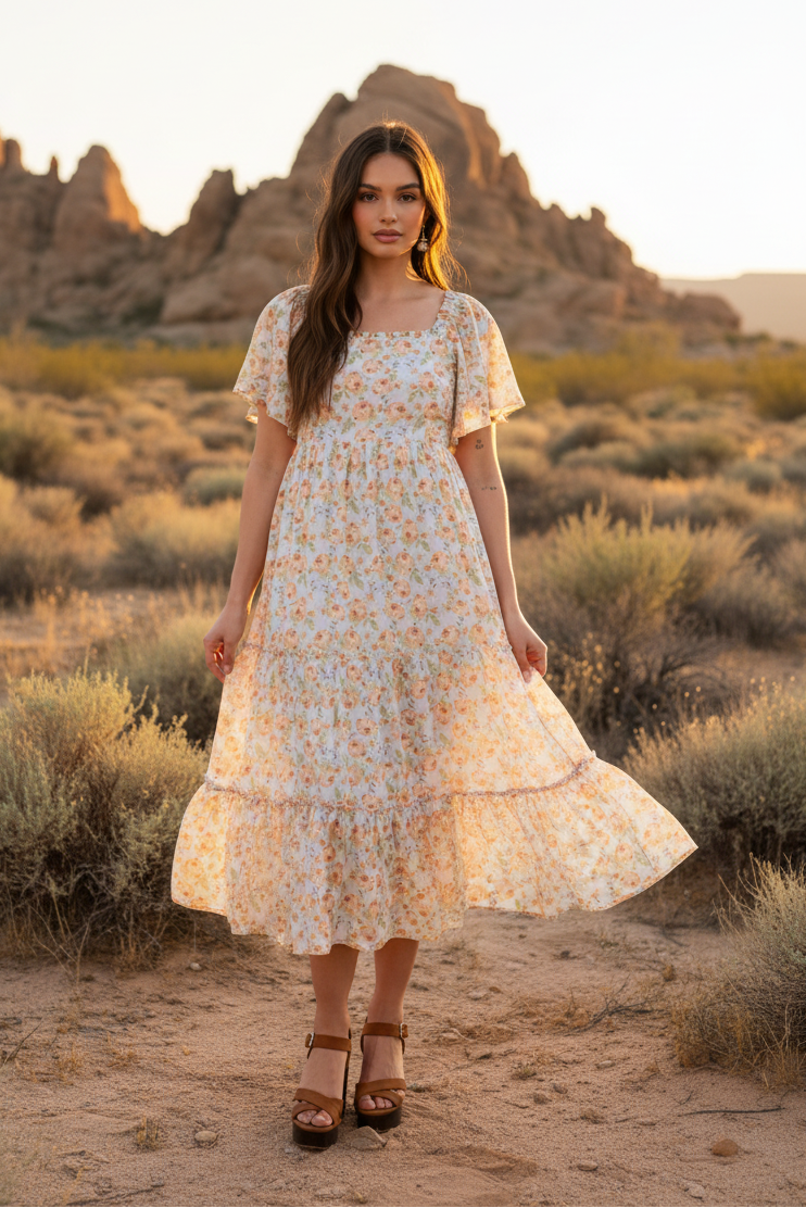 Cream floral print tiered midi dress with flutter sleeves and desert landscape