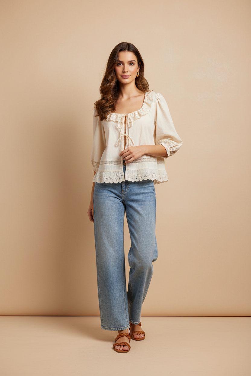 Cream peasant top with bow detail on model