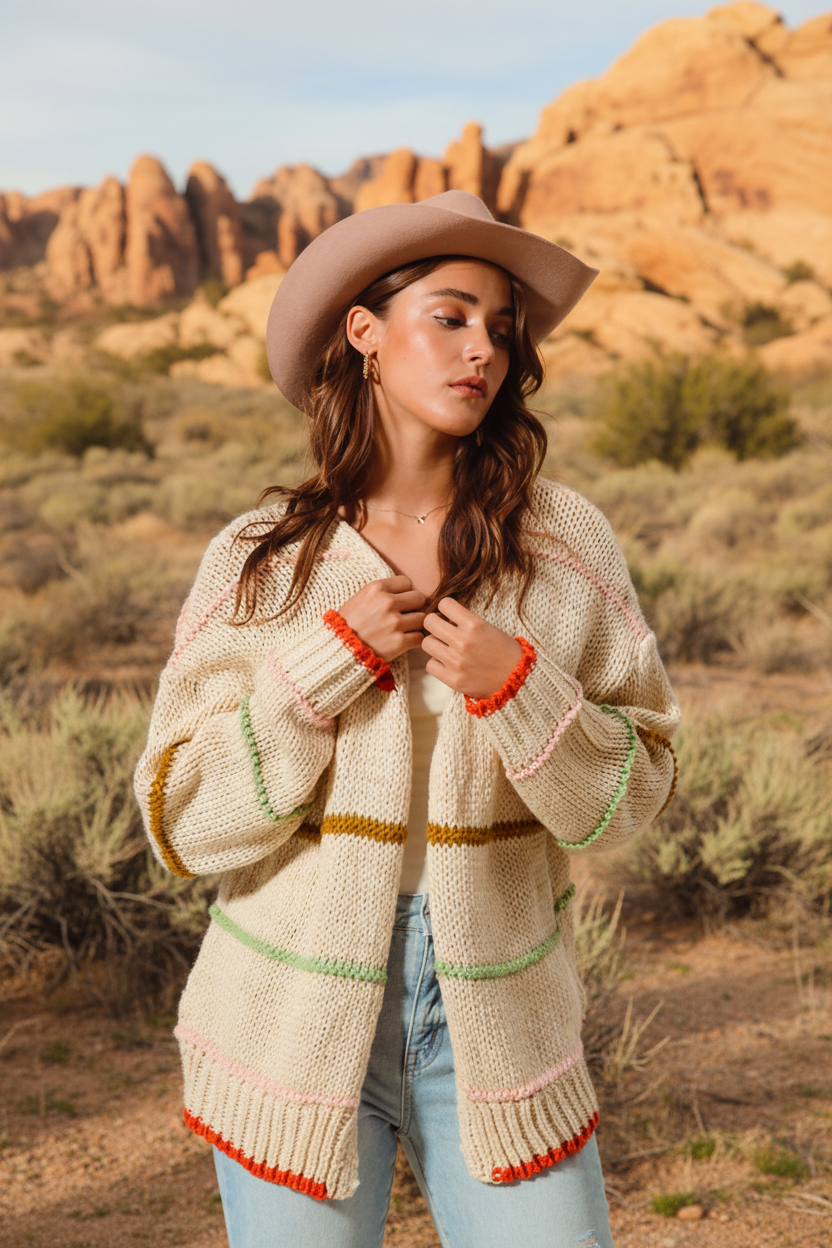 Cream striped cardigan with colorful accents and desert landscape