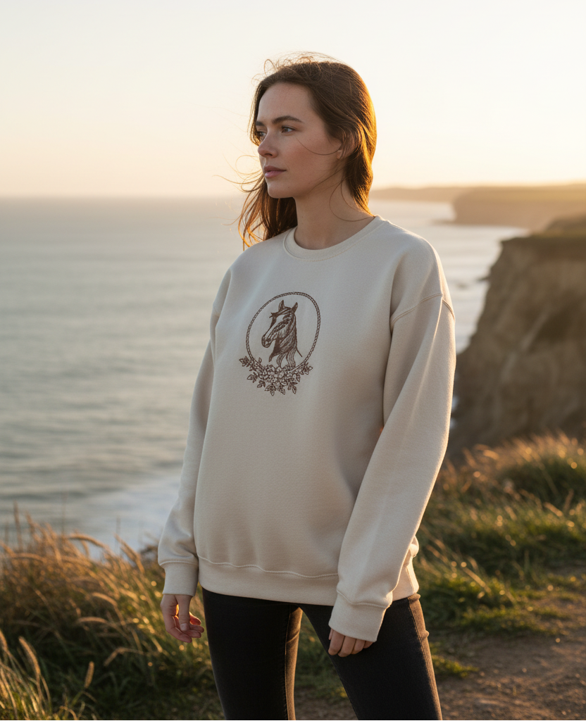 Cream sweatshirt with horse graphic and coastal cliff background - closer view