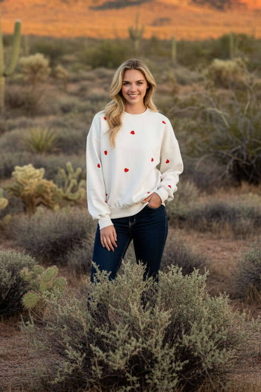 Cream sweatshirt with red heart embroidery and desert landscape