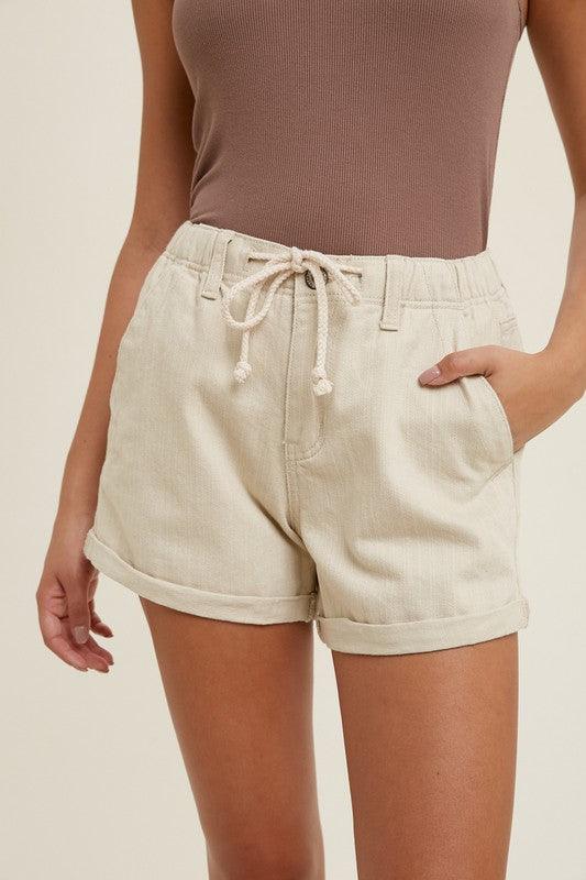 CUFFED DENIM SHORTS WITH DRAWSTRING - West End Boutique