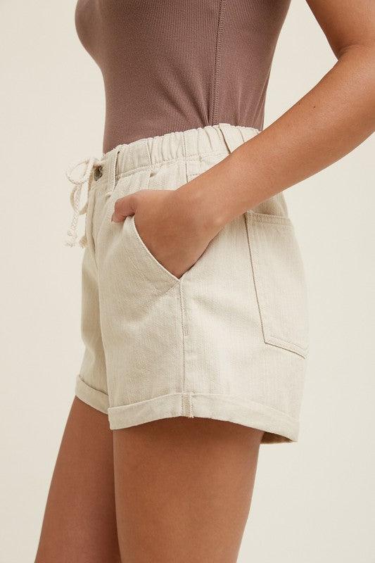 CUFFED DENIM SHORTS WITH DRAWSTRING - West End Boutique