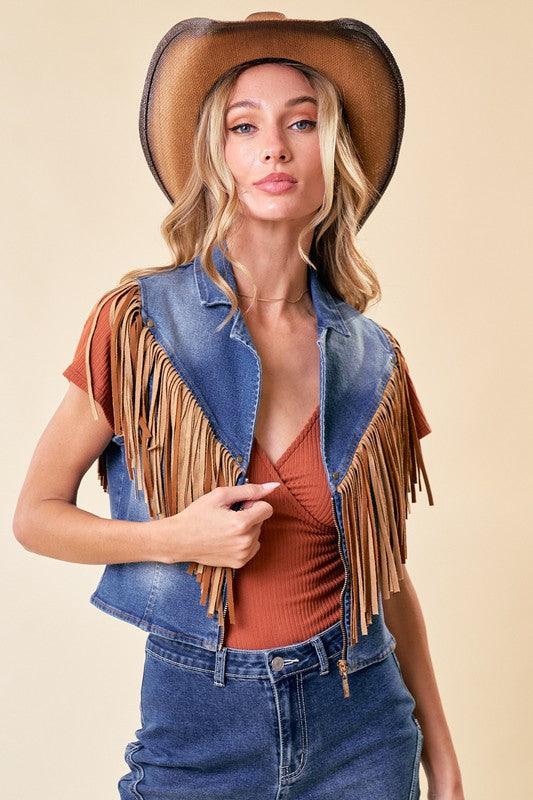 DALANEY FRINGED DENIM MOTOR VEST - West End Boutique