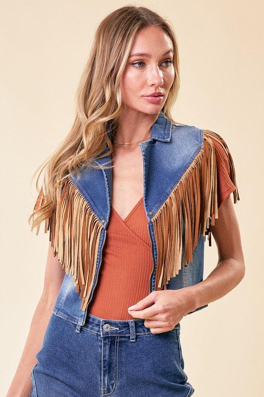 DALANEY FRINGED DENIM MOTOR VEST - West End Boutique