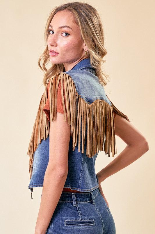 DALANEY FRINGED DENIM MOTOR VEST - West End Boutique