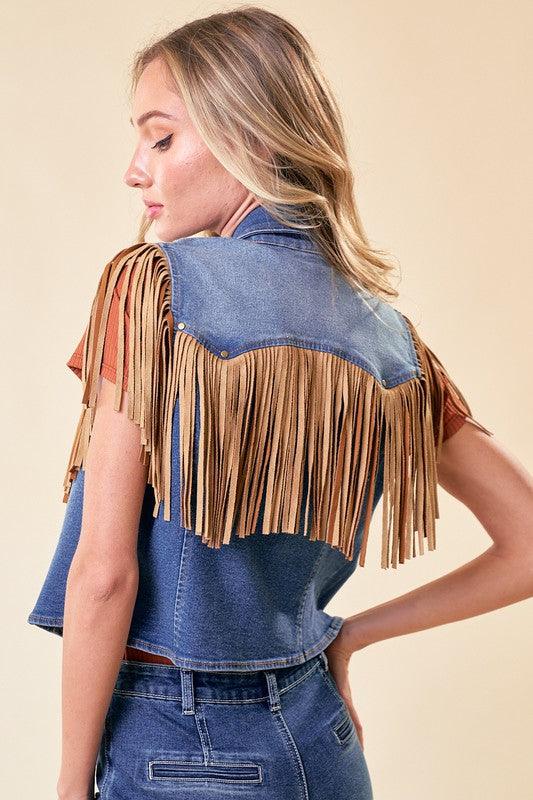 DALANEY FRINGED DENIM MOTOR VEST - West End Boutique