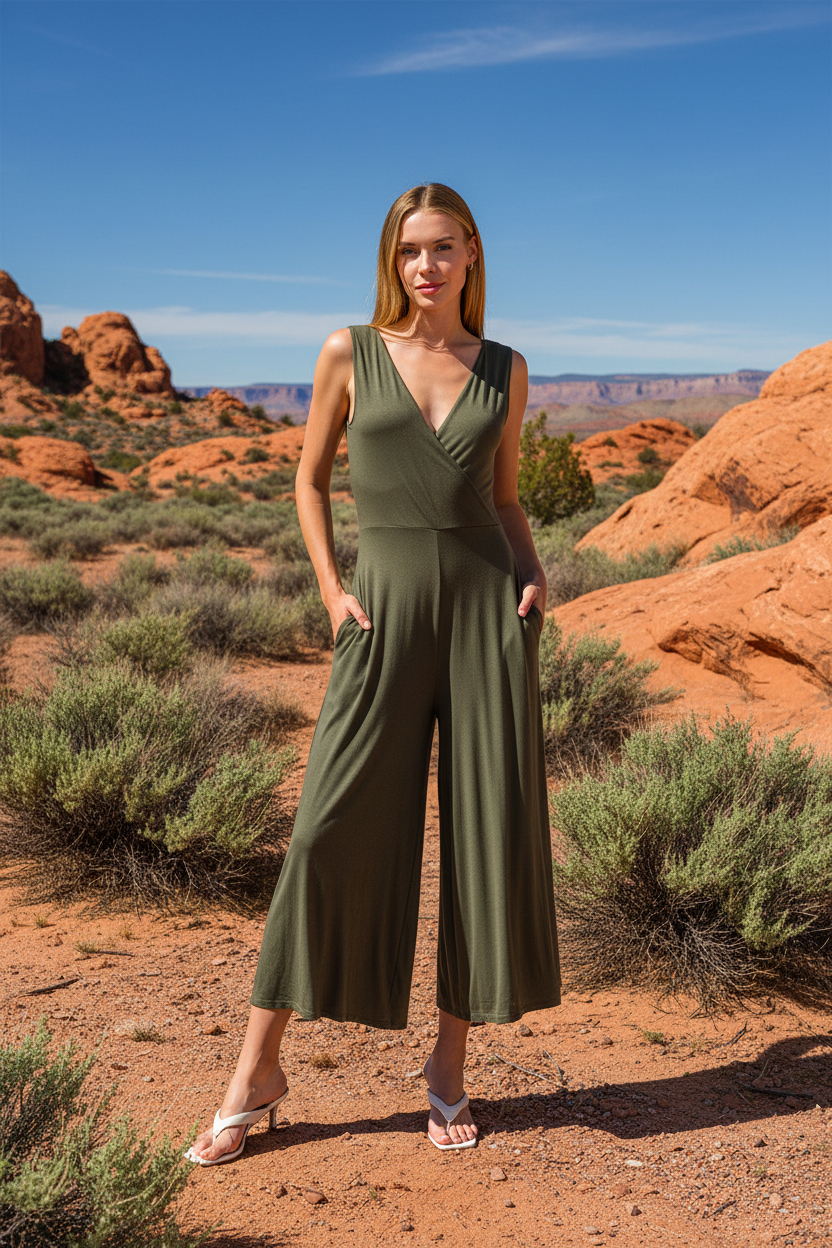 Dark olive green wide leg jumpsuit with desert landscape