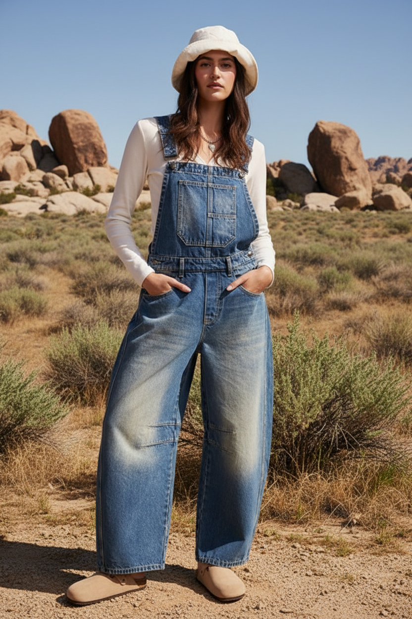 Distressed denim wide leg overalls with desert landscape