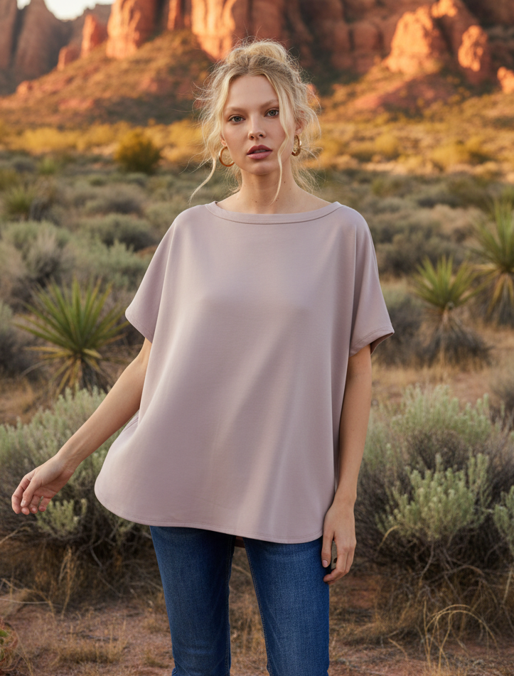 Dusty mauve oversized top with desert landscape