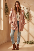 Dusty pink fuzzy sherpa jacket on model - new version