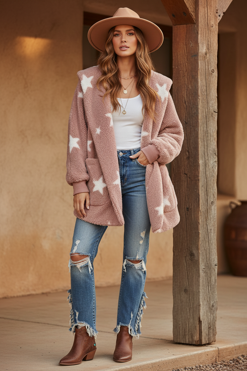 Dusty pink fuzzy sherpa jacket on model with styled background