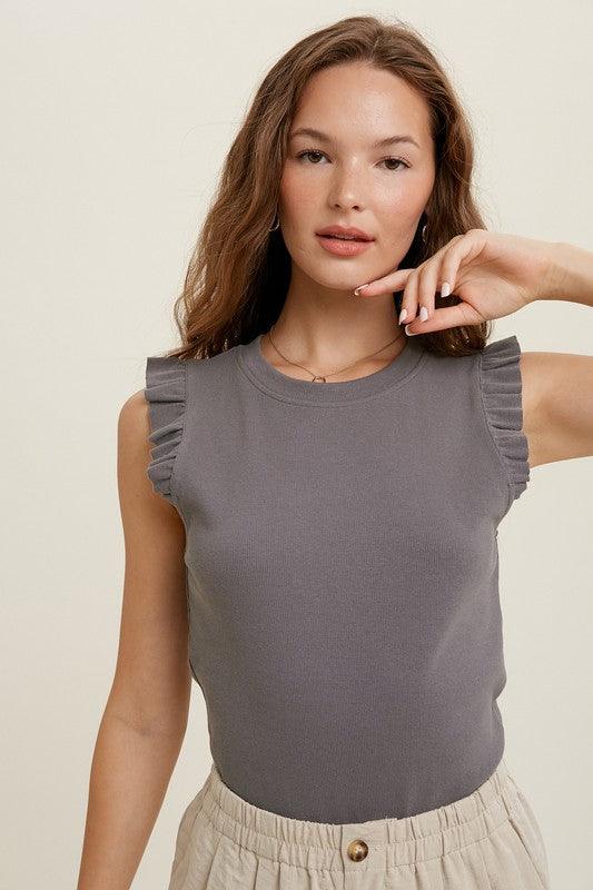 EMMA RIBBED KNIT TANK TOP WITH RUFFLE DETAIL - West End Boutique