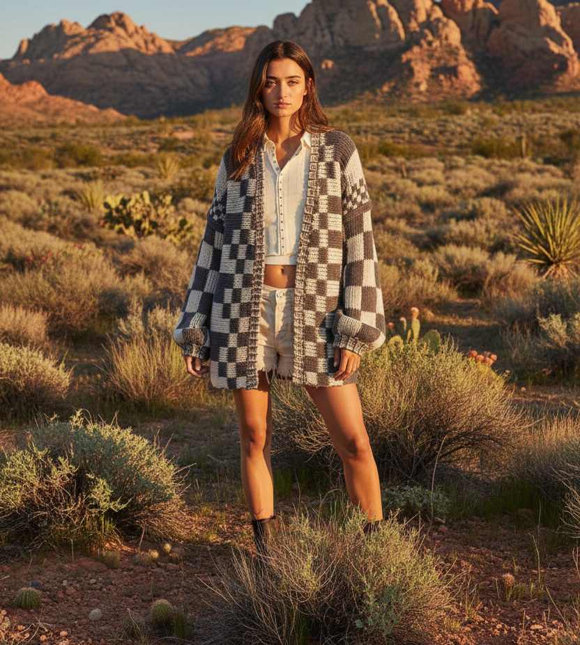 Gray and cream checkered cardigan with desert landscape