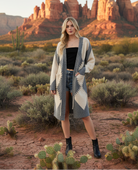 Gray and cream colorblock cardigan with desert landscape