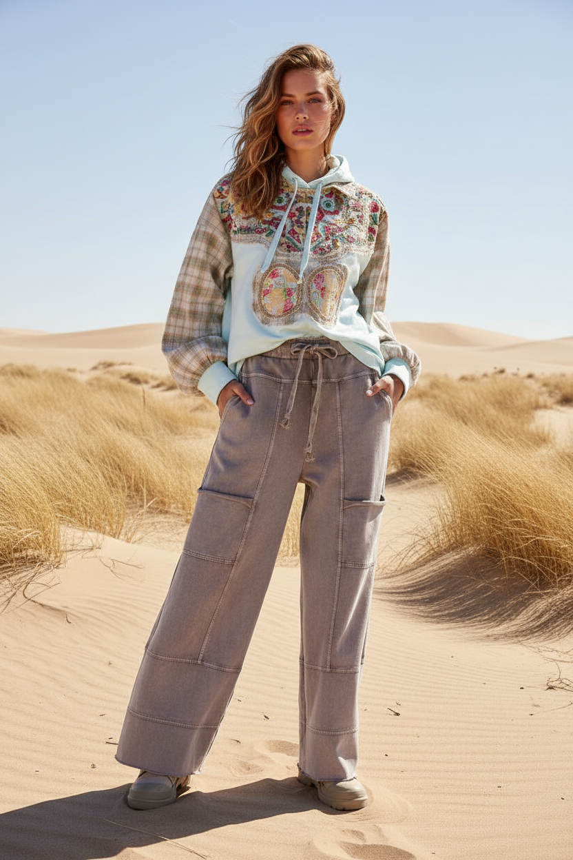 Gray cargo wide leg pants with alternate desert landscape