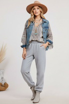 Gray joggers on model - no bow