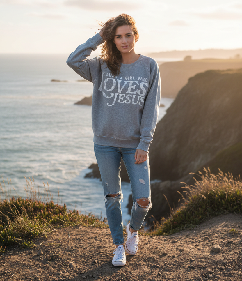 Gray mineral wash sweatshirt with "Just A Girl Who Loves Jesus" graphic and coastal cliff background