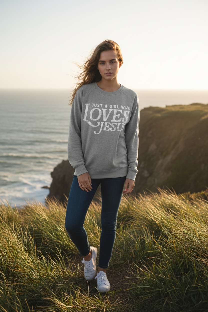 Gray sweatshirt with "Just A Girl Who Loves Jesus" graphic and coastal cliff background