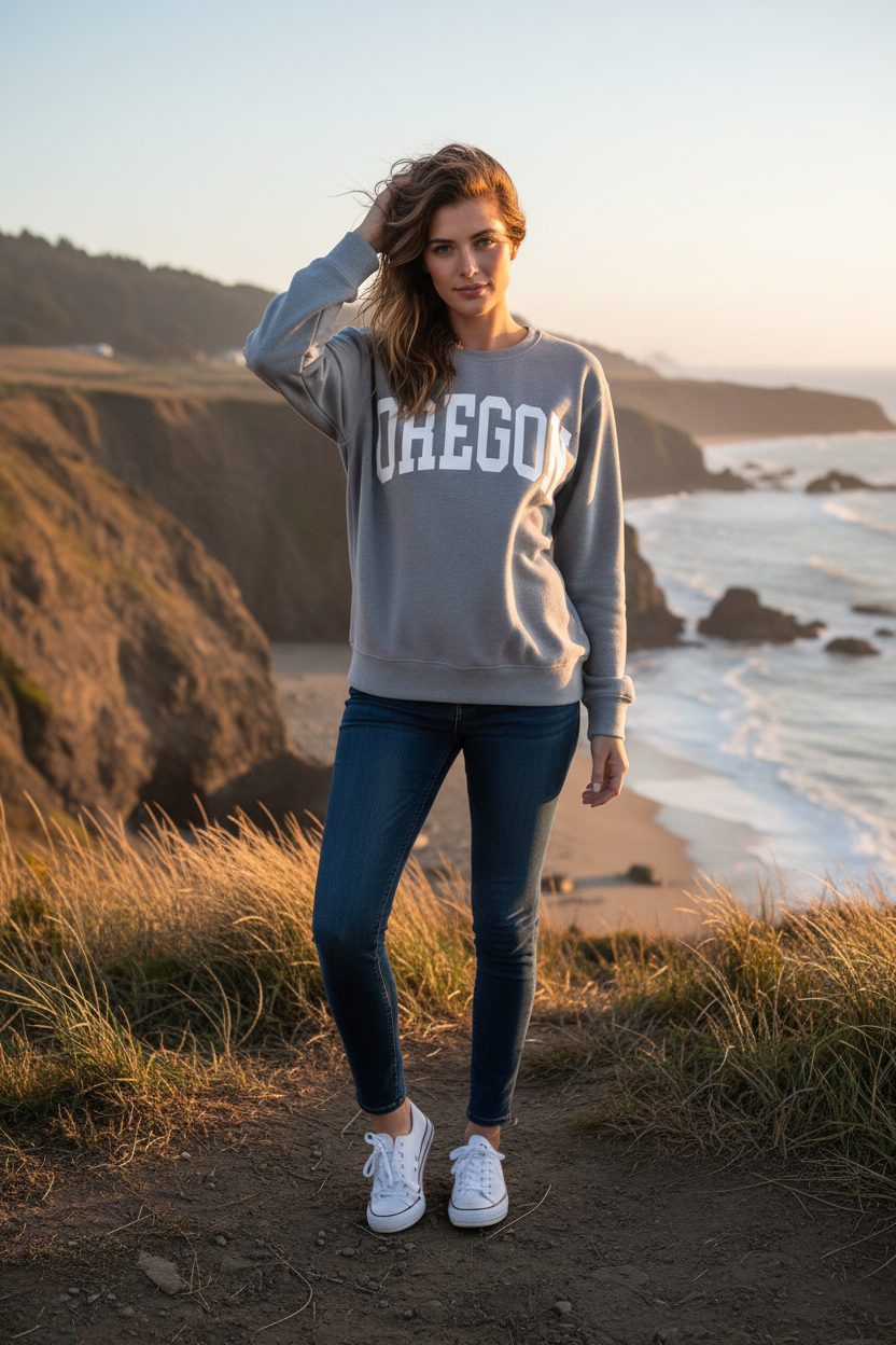 Gray sweatshirt with "OREGON" graphic and coastal cliff background