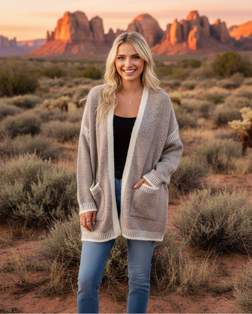 Gray textured cardigan with cream trim and desert landscape