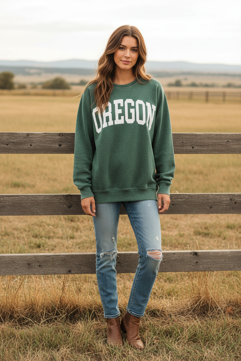 Green OREGON graphic sweatshirt with mineral wash finish and western boho ranch background