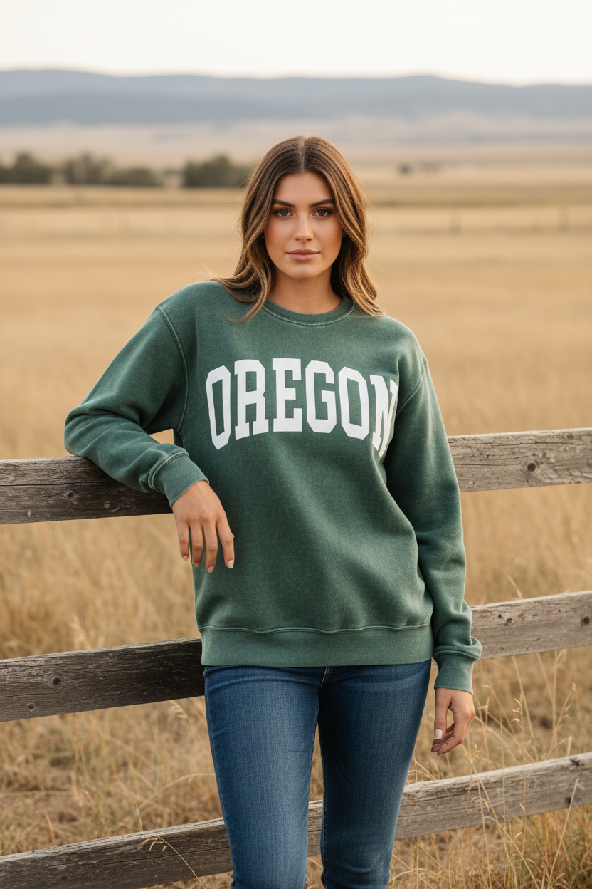 Green OREGON graphic sweatshirt with relaxed fit and western boho ranch background