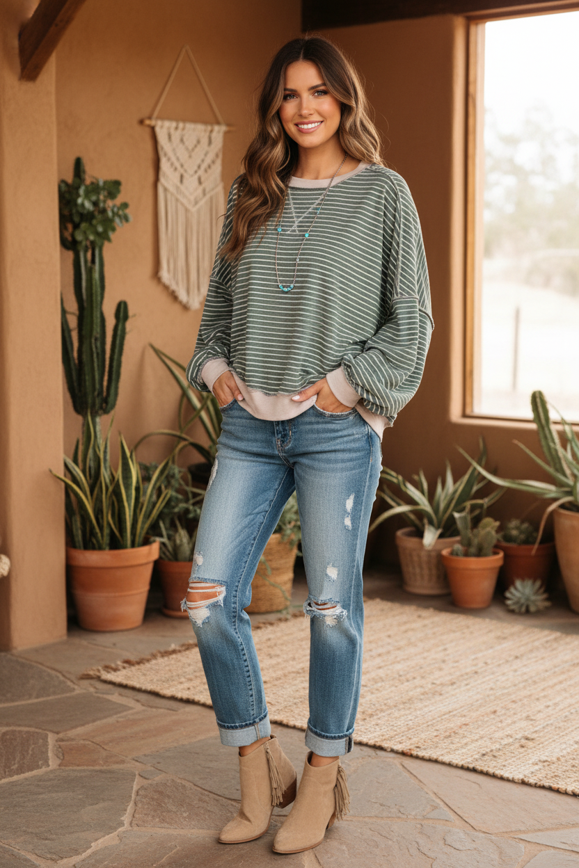 Green striped top on model with styled background
