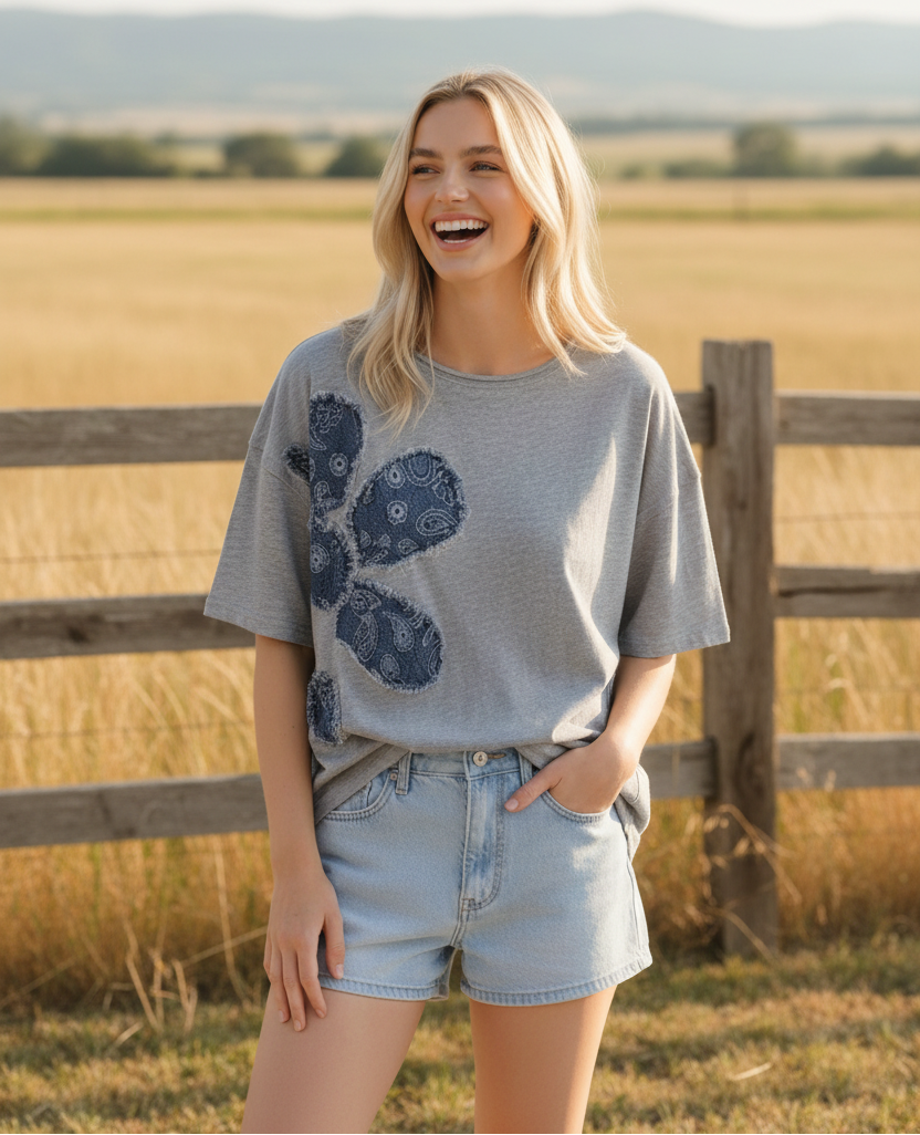 Grey paisley cactus appliqué tee with western boho ranch background
