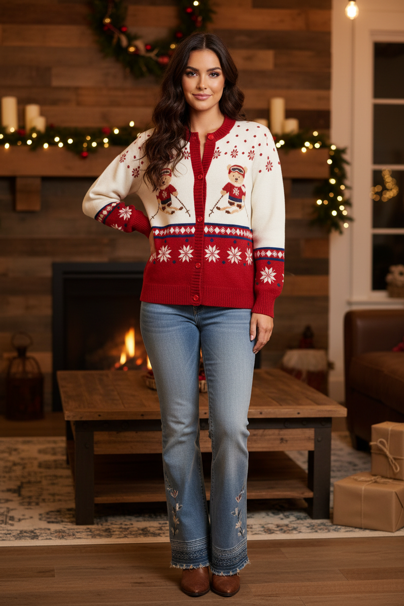 Holiday cardigan on model with cozy holiday background