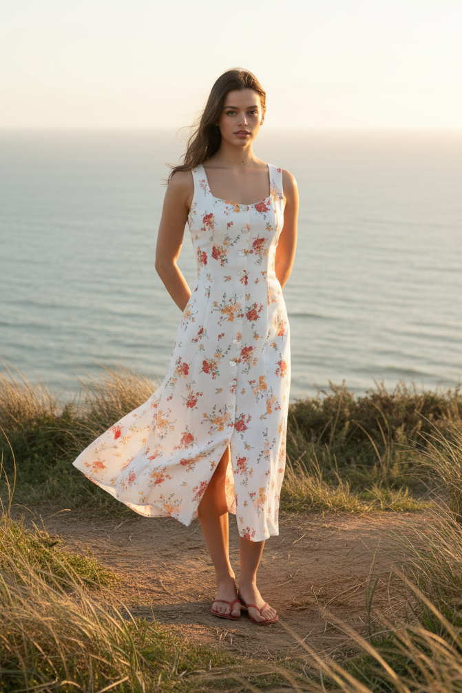 Ivory floral midi dress with coastal cliff background