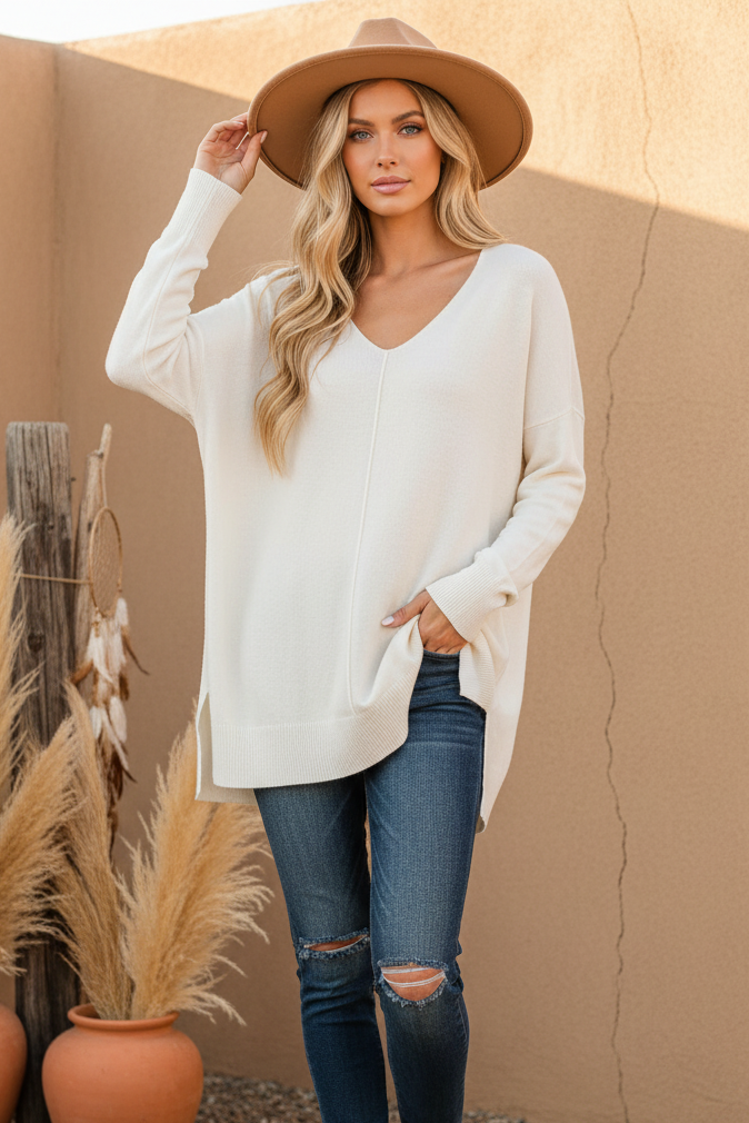 Ivory v-neck sweater on model with styled background