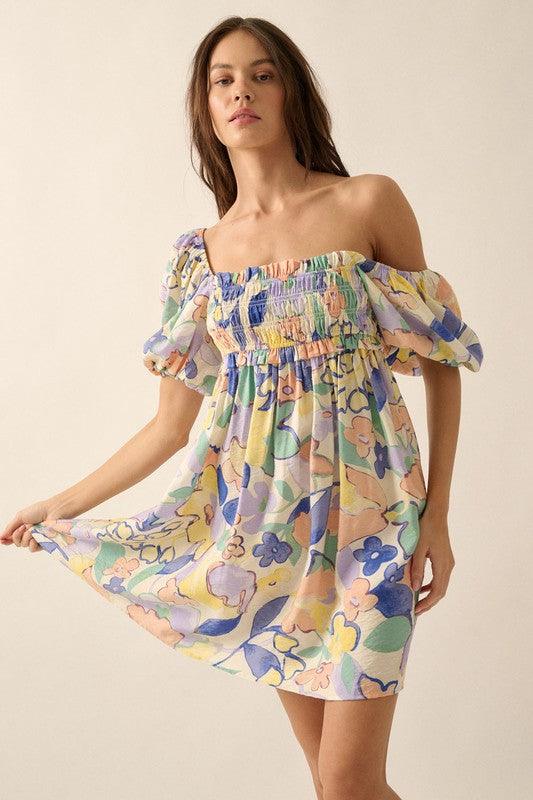 Janet Floral Smocked Puff-Sleeve Babydoll Mini Dress - West End Boutique