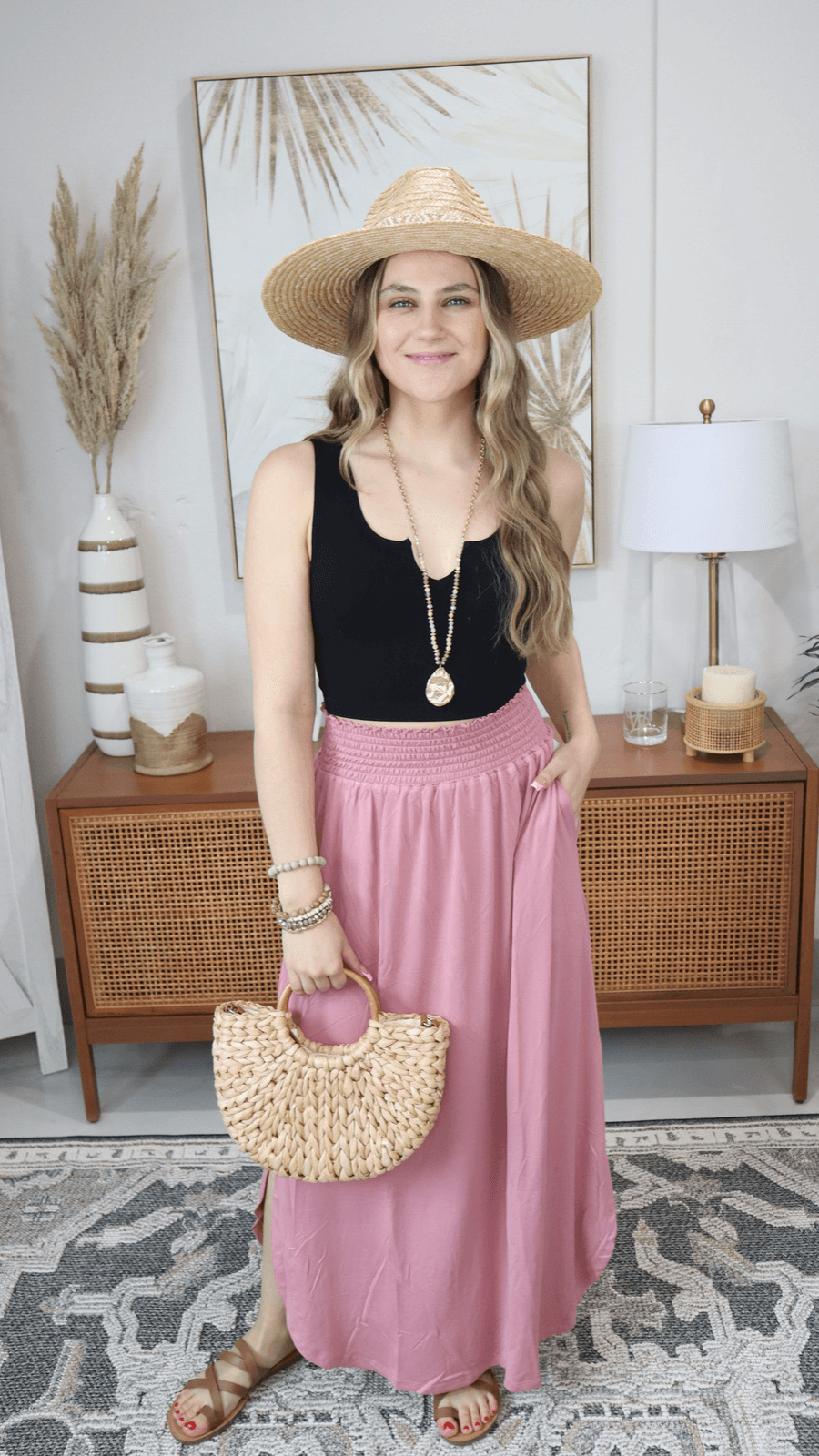 Julia Smocking waist maxi skirt with side pocket S-XL - West End Boutique