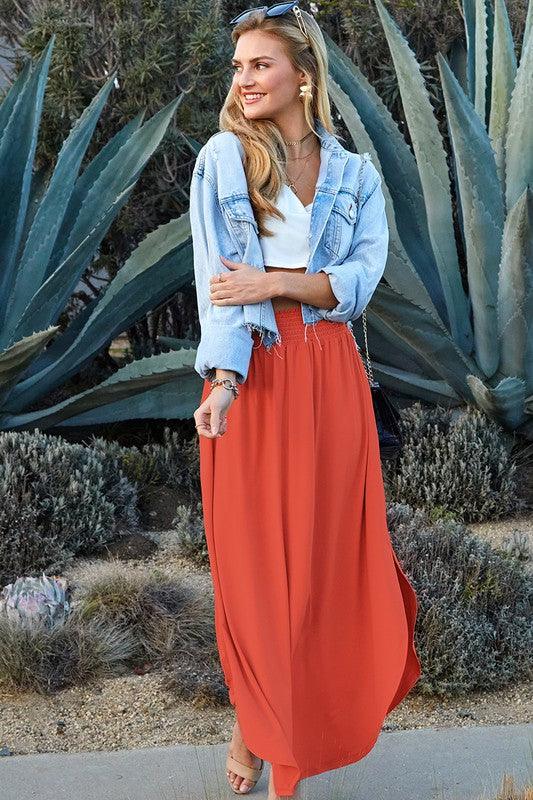 Julia Smocking waist maxi skirt with side pocket S-XL - West End Boutique