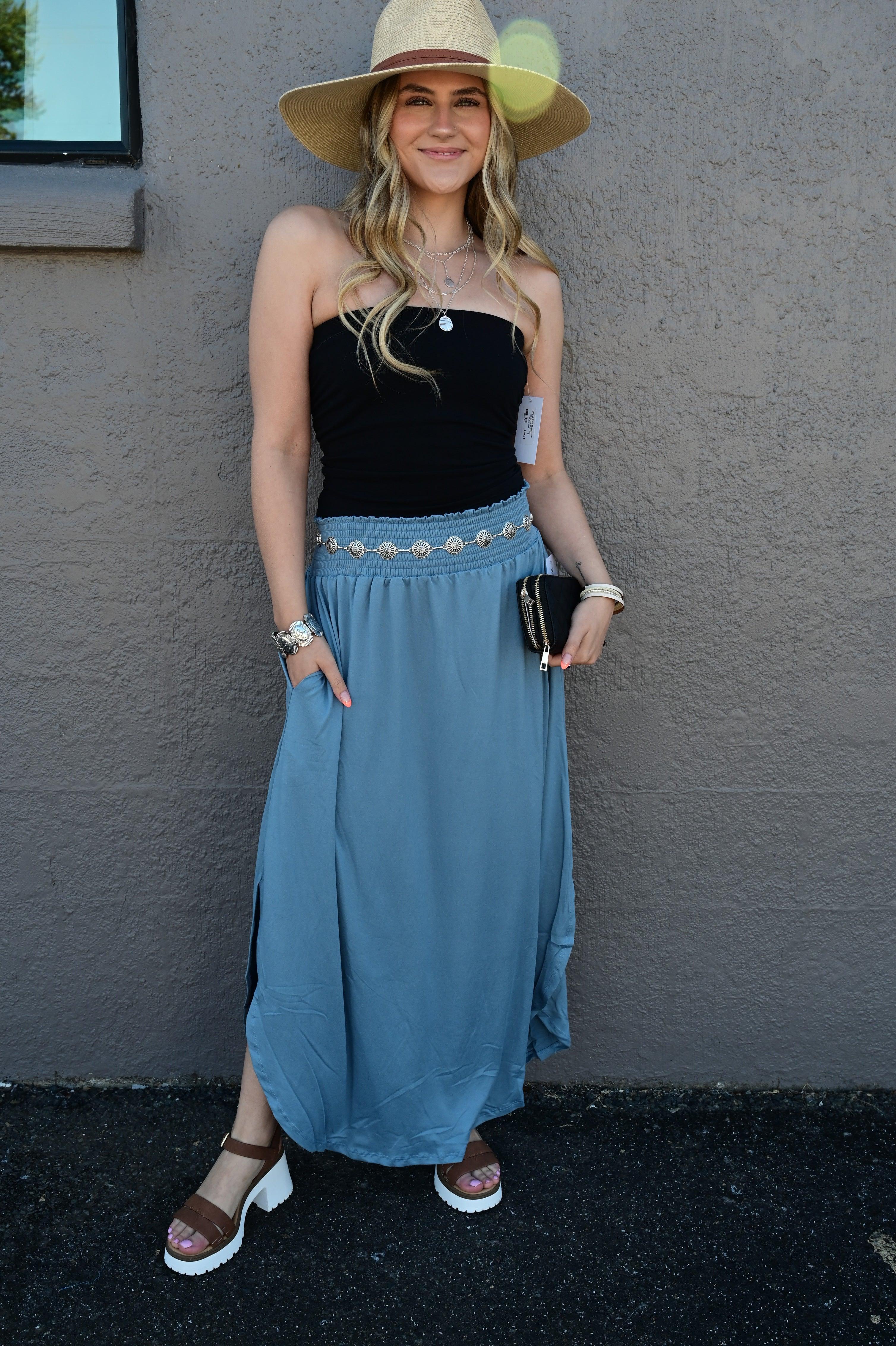 Julia Smocking waist maxi skirt with side pocket S-XL - West End Boutique